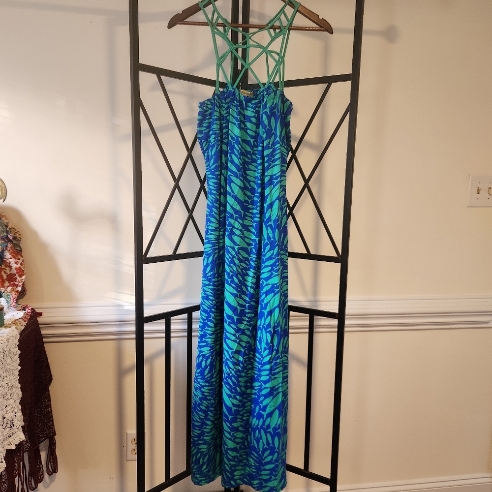 Pineapples Women's XS Blue Green Fish Maxi Dress Knotted Top